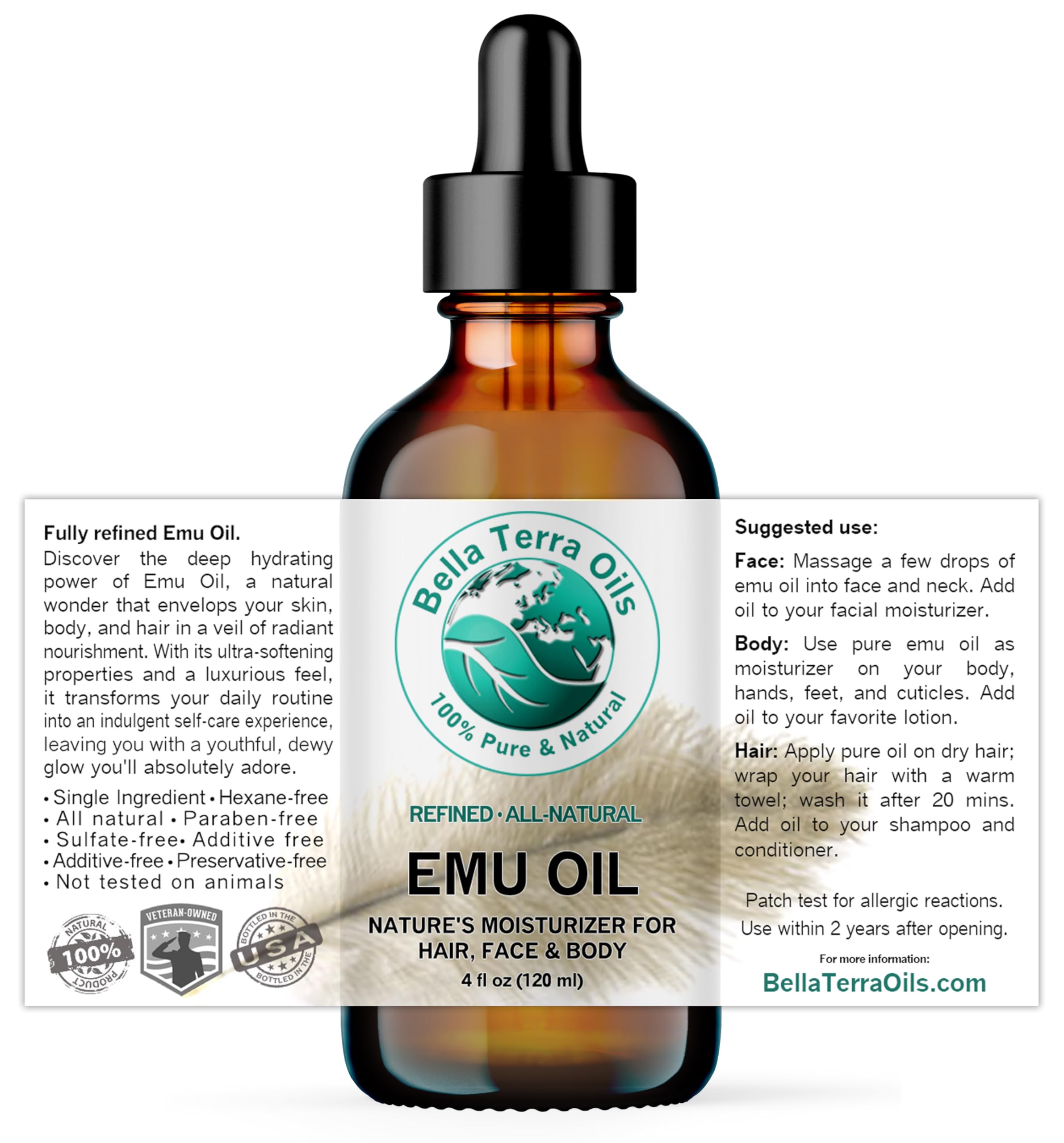 Huile Emu Bella Terra Oils, extraction à froid pour une pureté naturelle.