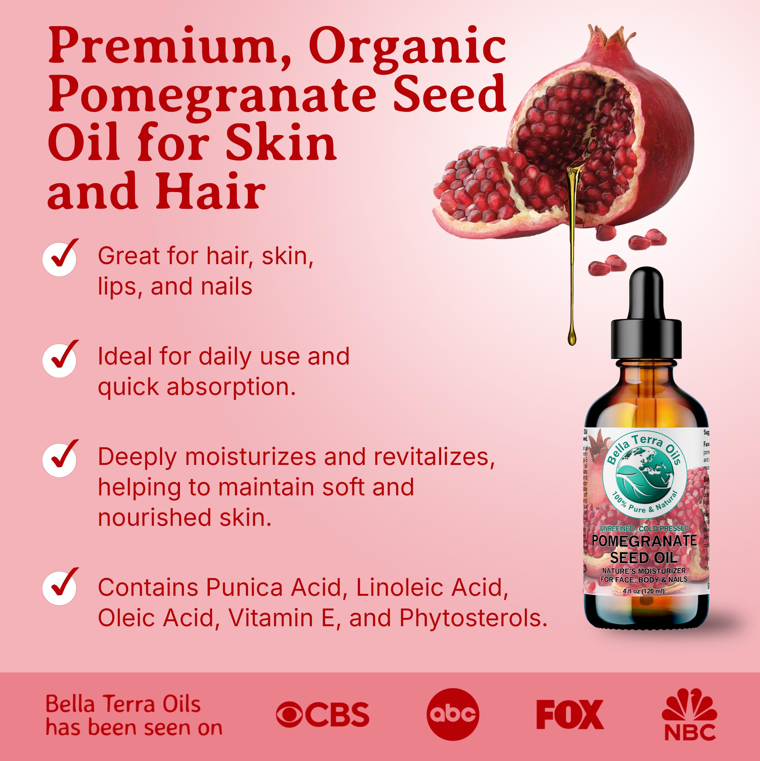Vitamine C et K présentes dans Bella Terra Oils soutiennent une peau lumineuse et fortifiée.