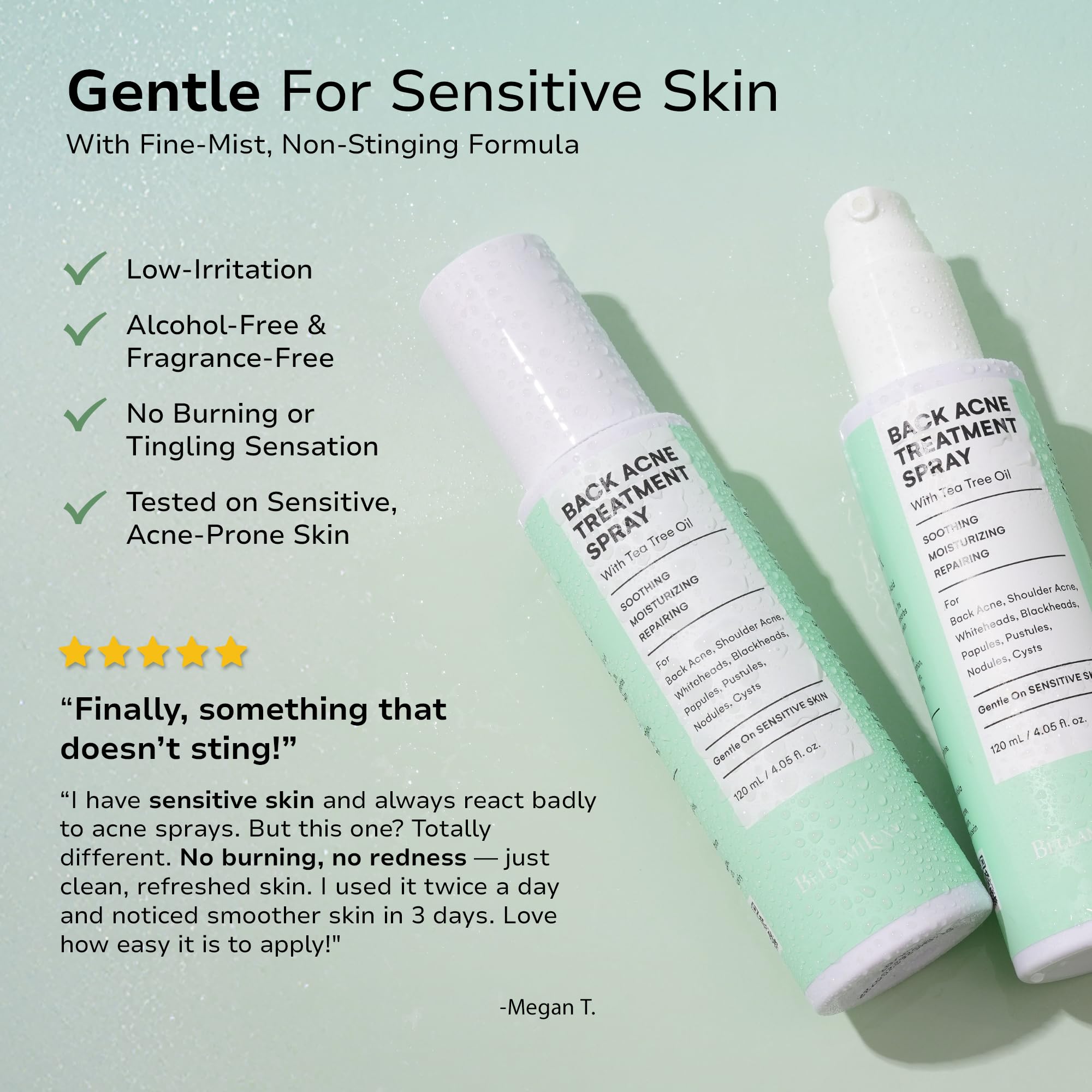 BellamiLuxx Bacne Spray Sans Résidu: laisse la peau fraîche sans résidu gras.
