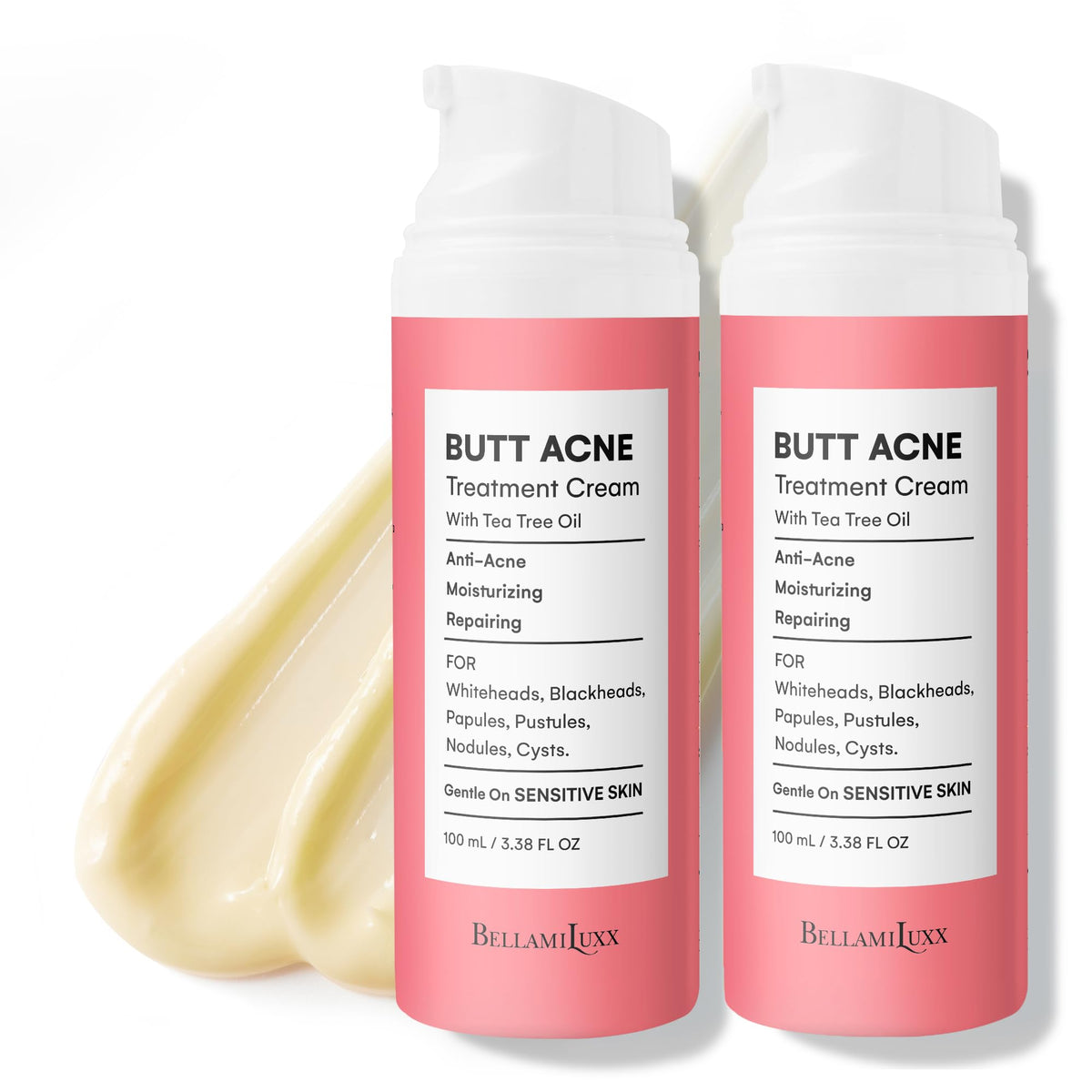 BellamiLuxx crème traitante acné du corps en bouteille, soin ciblé.