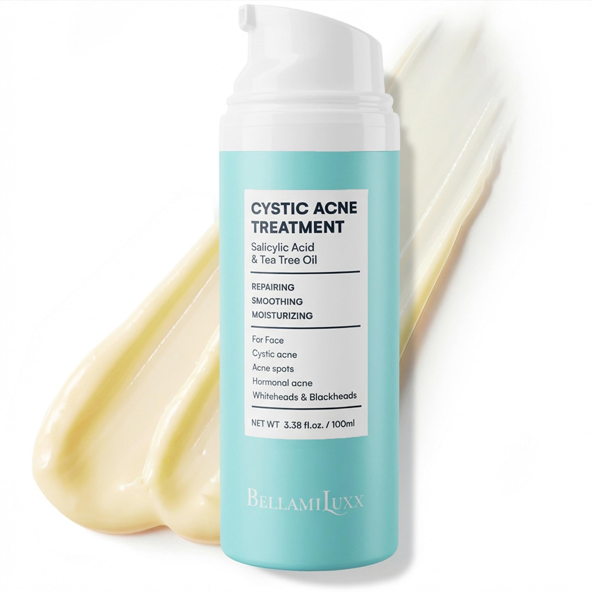 BellamiLuxx lotion acné visage pompe, application précise et hydratation légère.