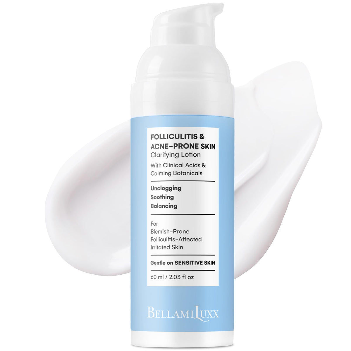 BellamiLuxx Lotion folliculite corps, texture légère et apaisante.