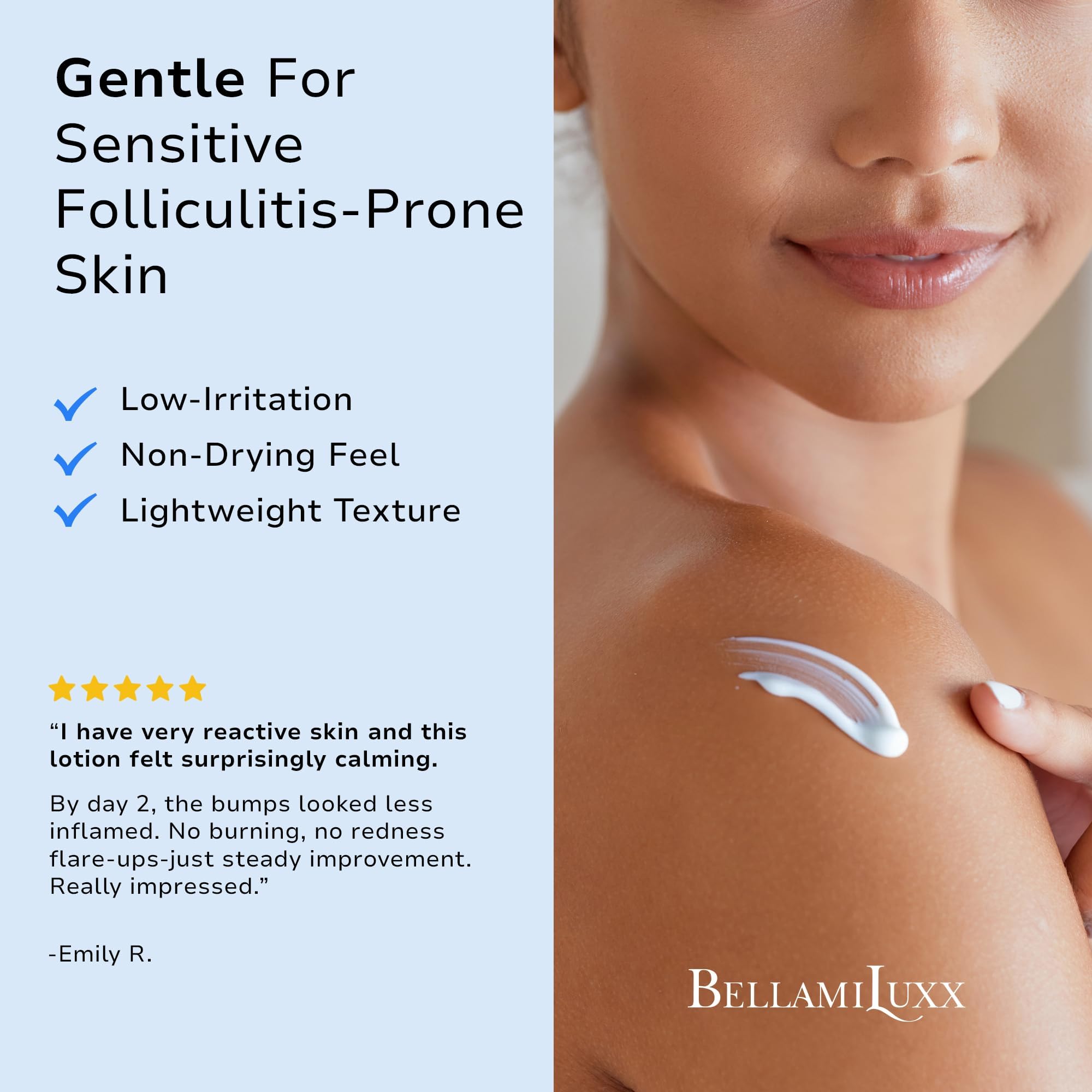 BellamiLuxx Lotion usage quotidien, absorption rapide et fine.
