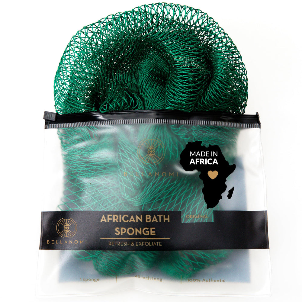 Éponge Bellanomi exfoliante en filet émeraude, longueur 45 pouces pour nettoyer le dos en douceur.