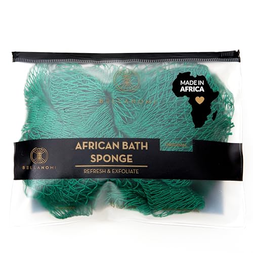 Éponge Bellanomi net africain, accès facile au dos en émeraude pour une exfoliation efficace.