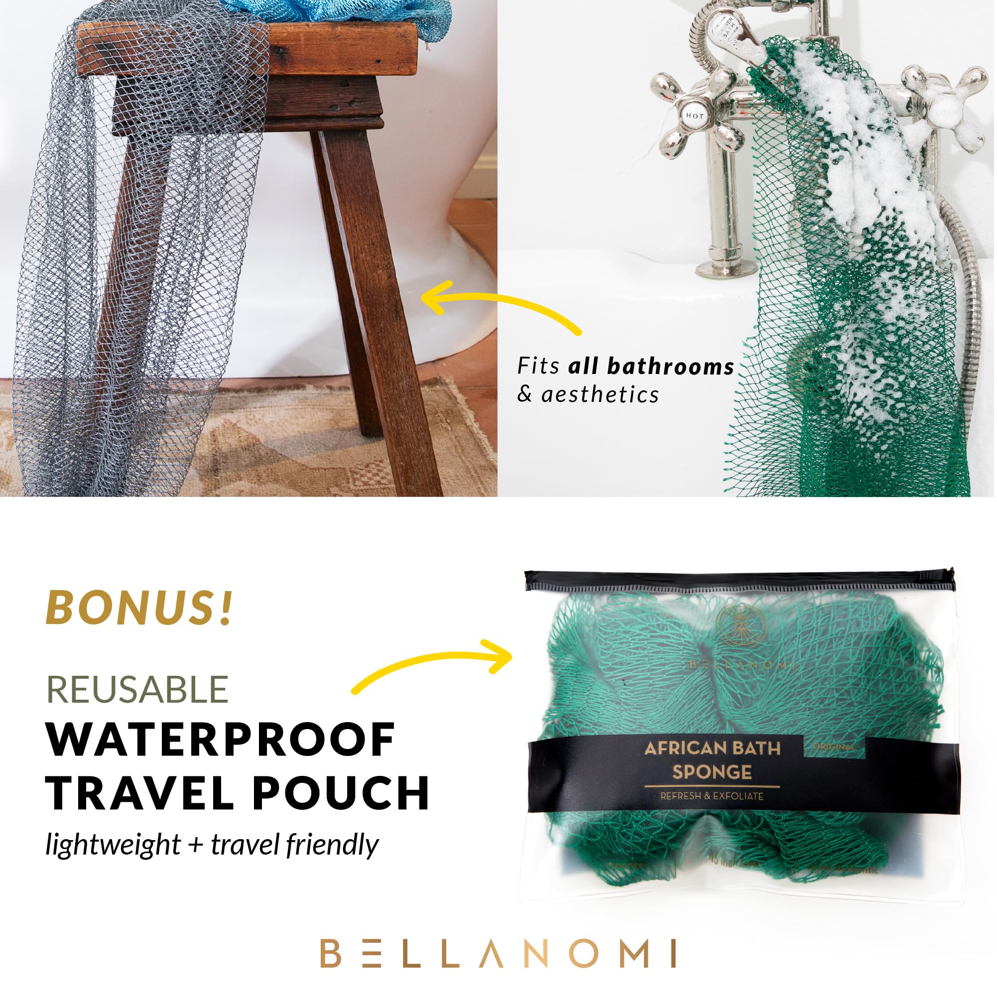 Éponge net Bellanomi exfoliante, texture douce qui mousse bien sous l'eau.