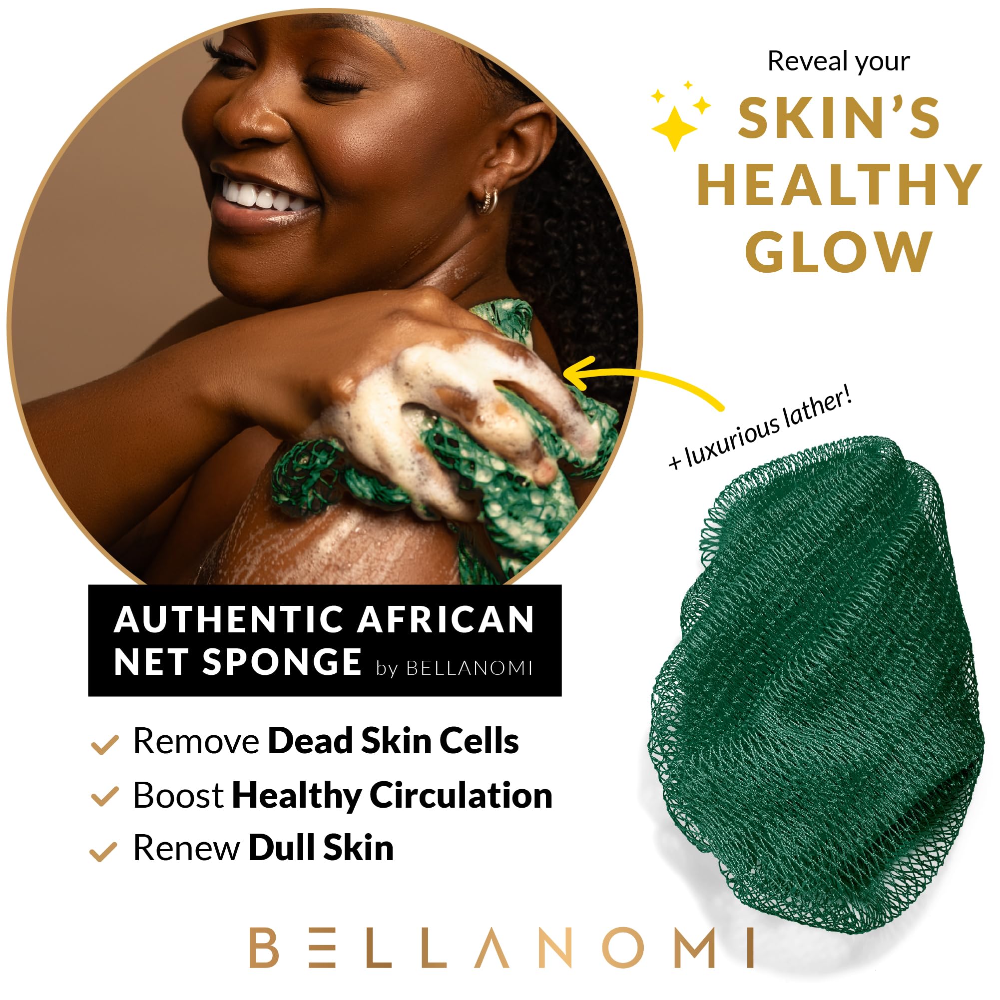 Éponge Bellanomi net exfoliante, couleur vert émeraude, séchage rapide pour une hygiène durable.