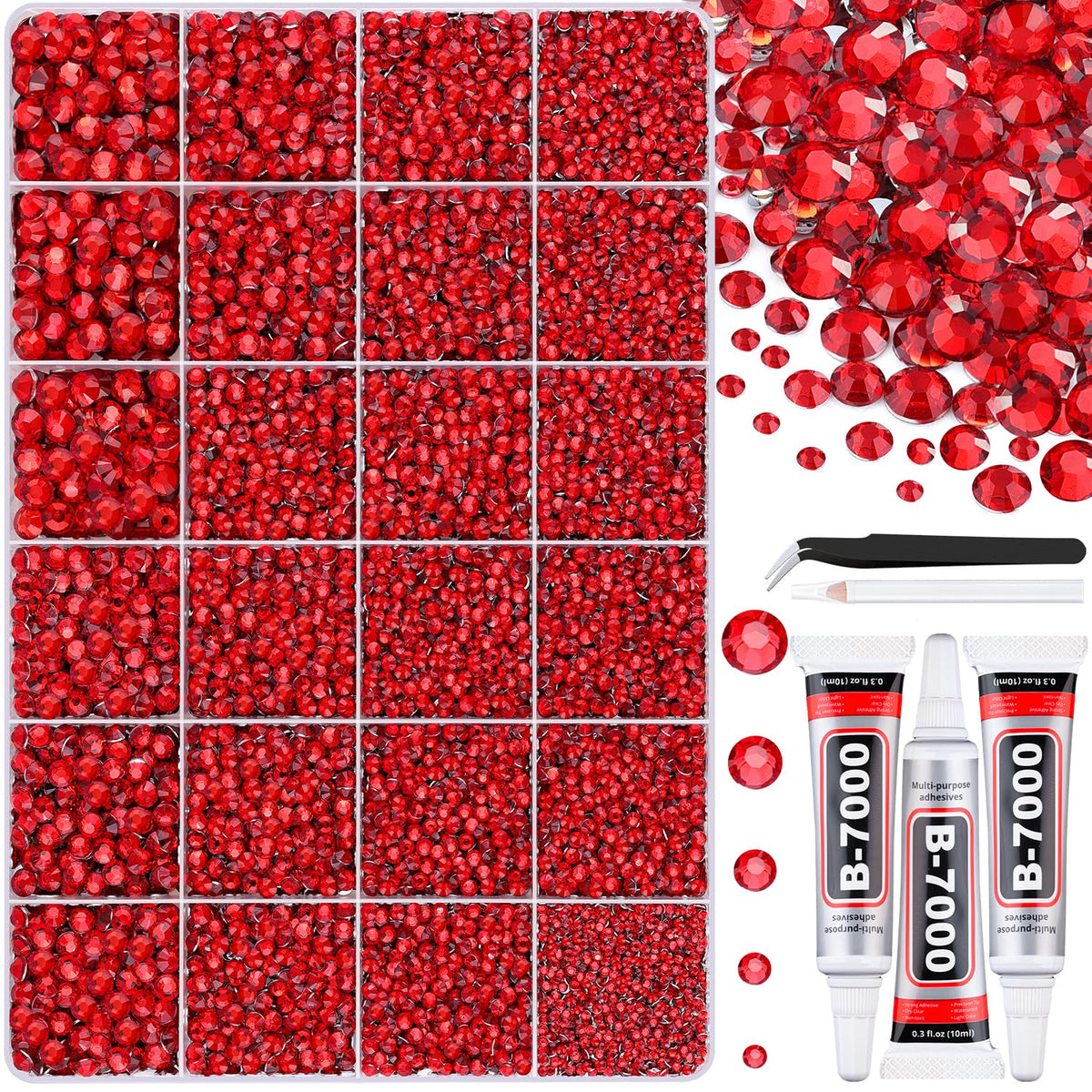 BELLEBOOST boîte de pierres rouges 24 grilles pour designs éclatants.
