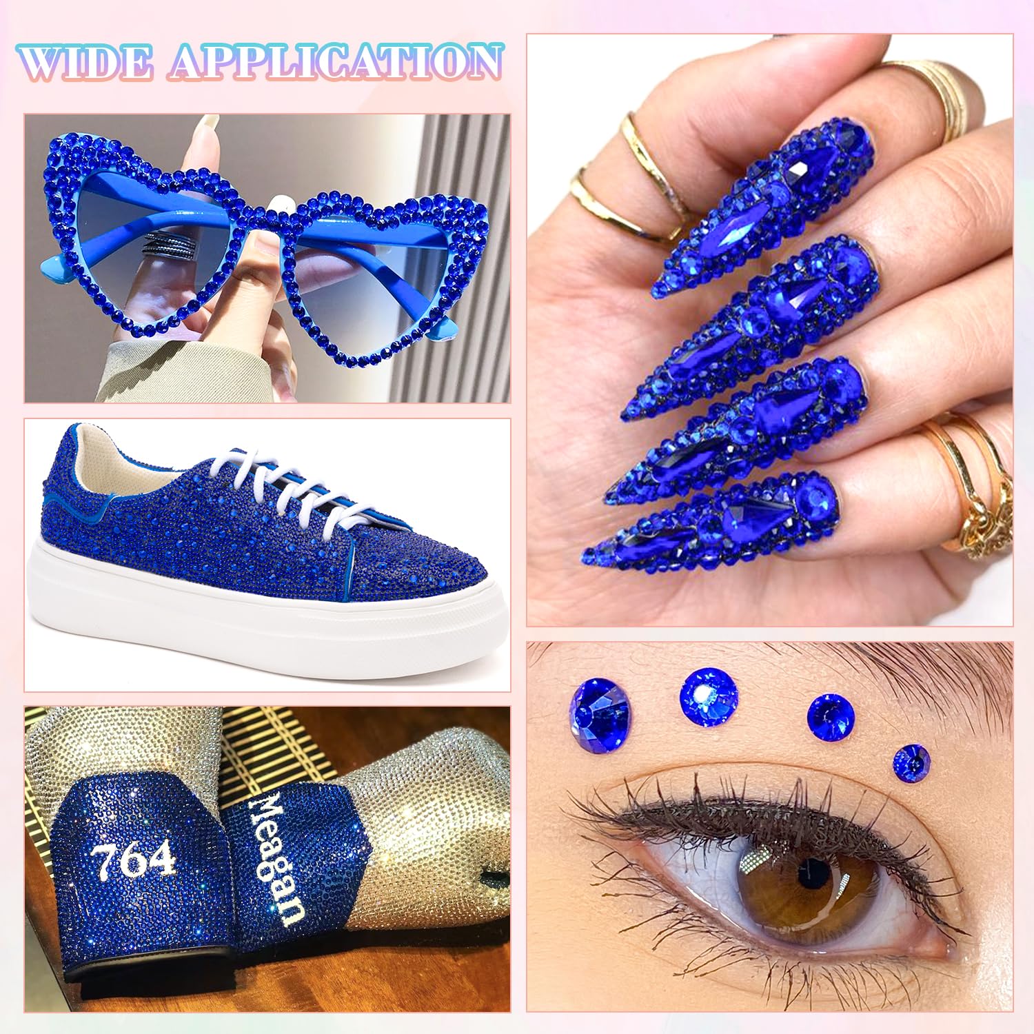 BELLEBOOST décor sur vêtements et accessoires avec strass bleu royal.