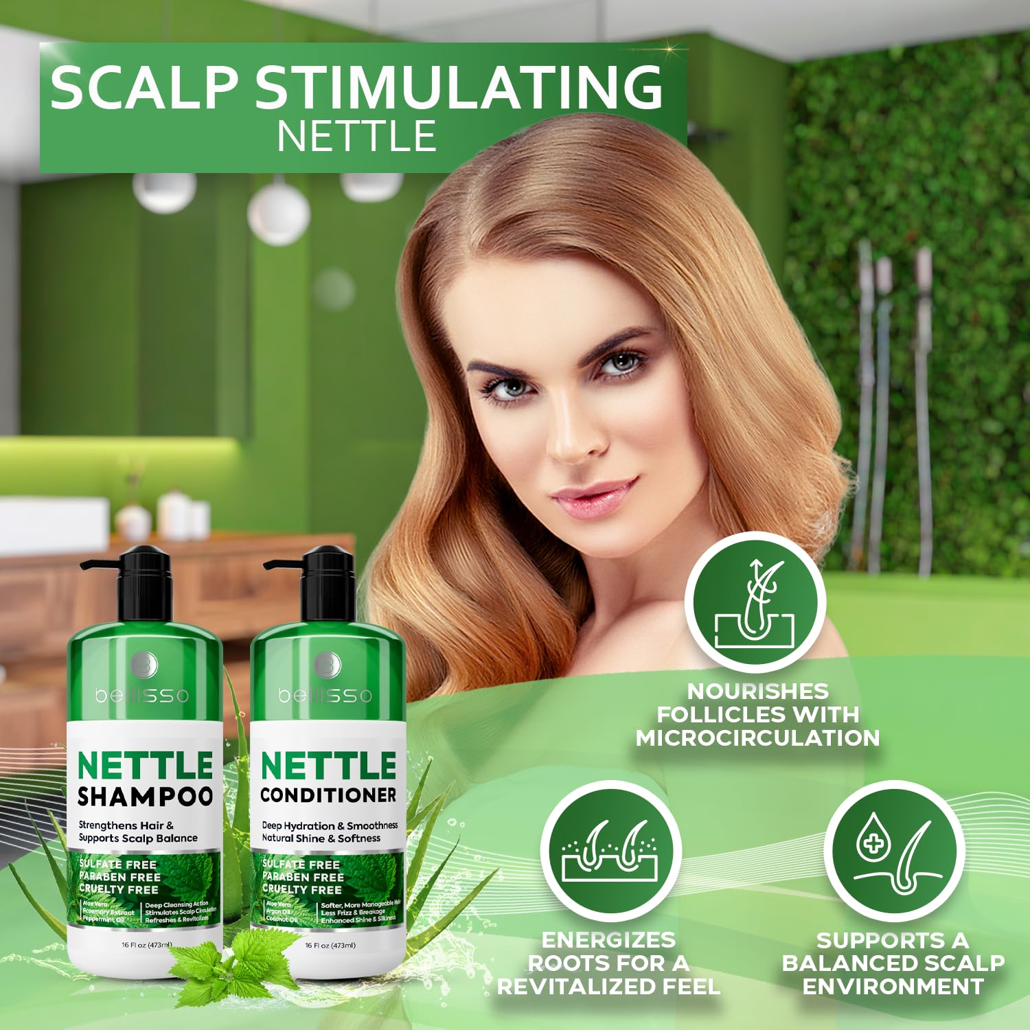 Bellisso Après-Shampoing Ortie - bouteille: démêle et nourrit sans alourdir.