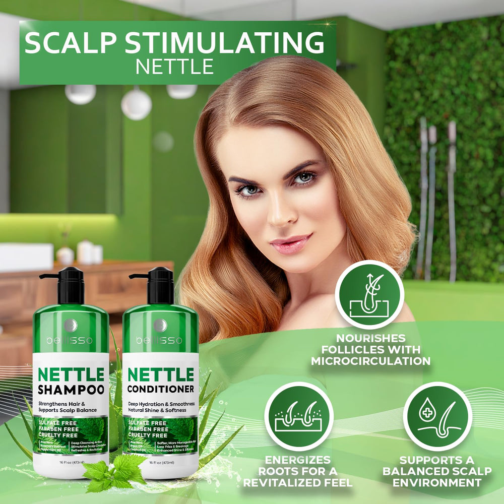 Bellisso Après-Shampoing Ortie - bouteille: démêle et nourrit sans alourdir.