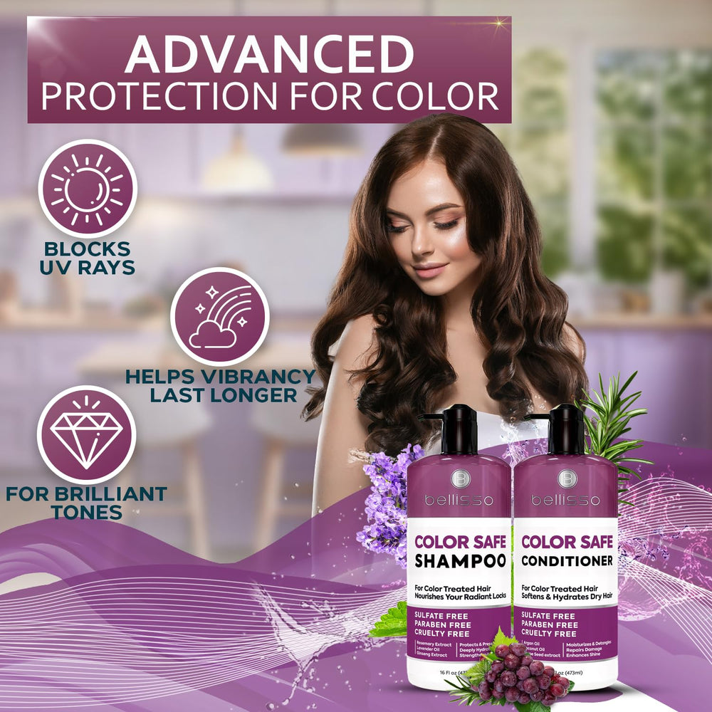 Bellisso après-shampoing protection-couleur, flacon élégant, douceur et brillance prolongées.