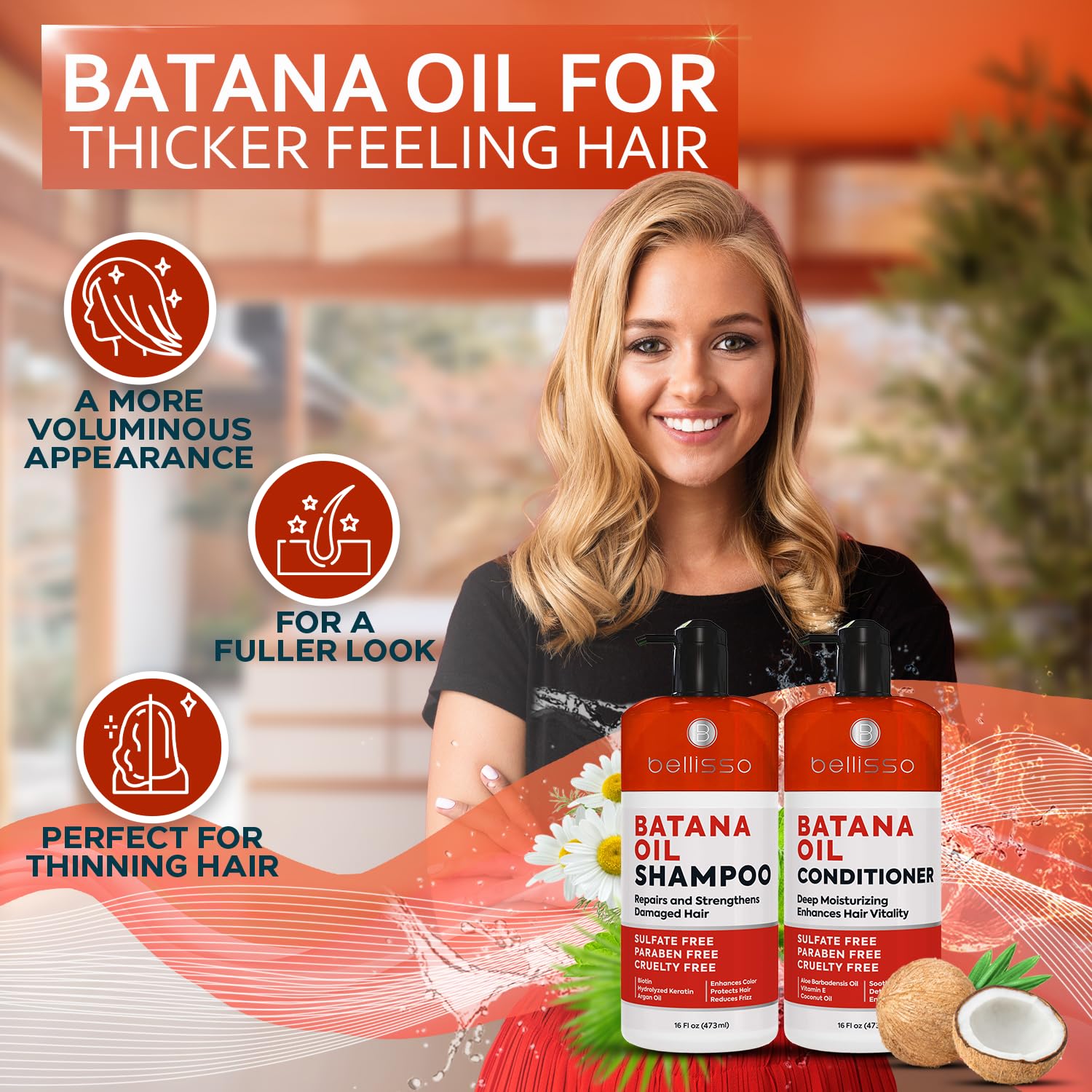 Bellisso Après-shampoing Batana, flacon volumisant et nourrissant.