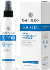 Bellisso Biotin Argan flacon pompe protège la chaleur et apporte de la brillance.