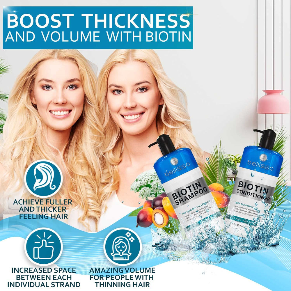 Bellisso Après-shampoing Biotine en bouteille, démêlage facilité et cheveux volumineux.