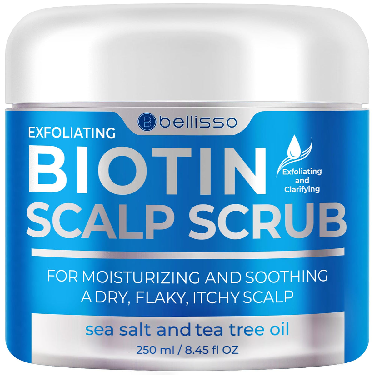 Bouteille Bellisso Biotin Scalp Scrub prête à exfolier le cuir chevelu et éliminer les résidus.