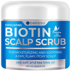 Bouteille Bellisso Biotin Scalp Scrub prête à exfolier le cuir chevelu et éliminer les résidus.