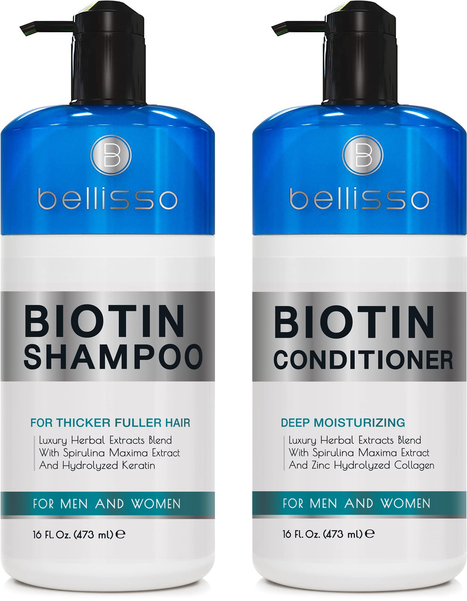 Bellisso Shampoing Biotine en bouteille, volume perçu renforcé et cheveux visiblement plus épais.