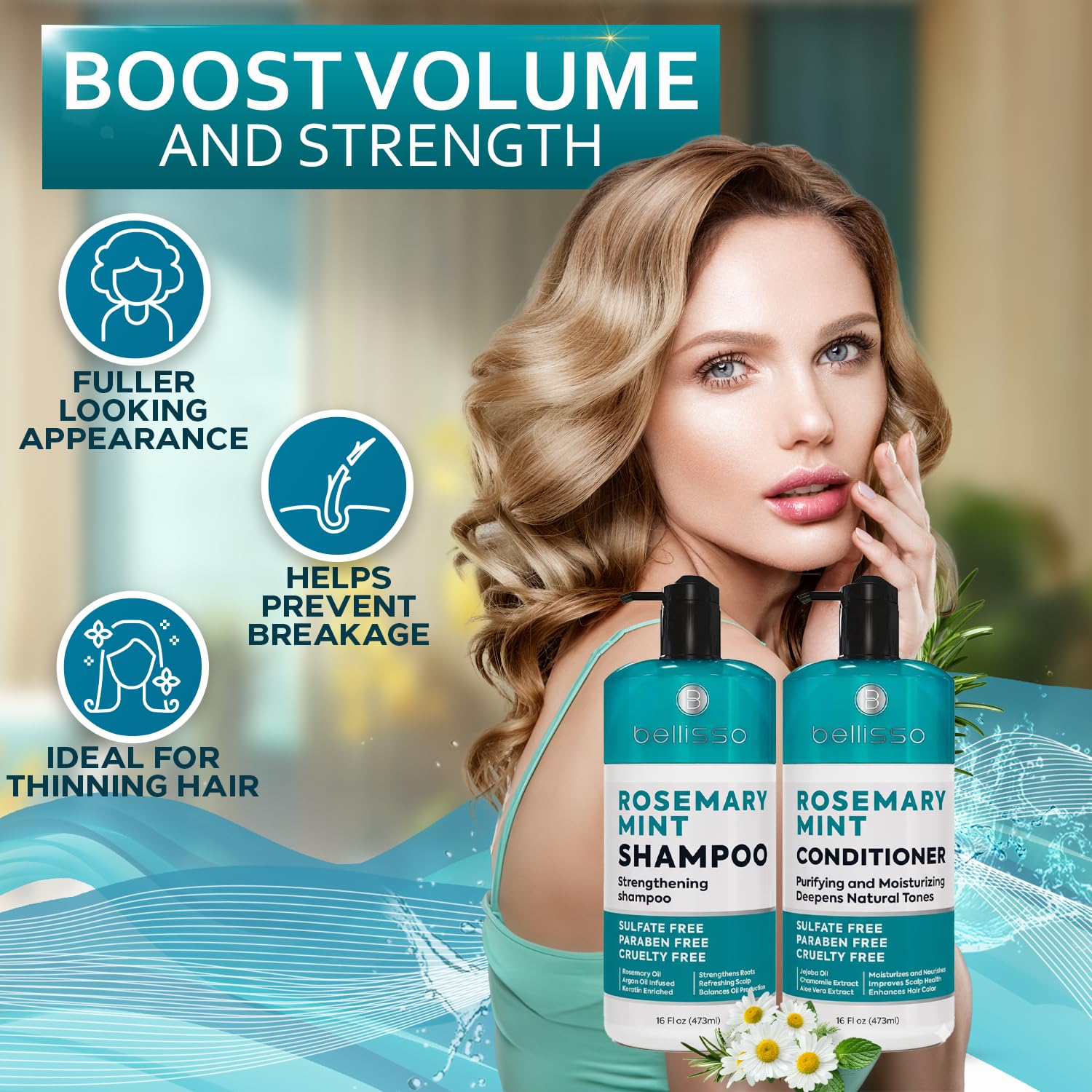 BELLISSO Conditionneur Romarin et Menthe — flacon pour cheveux plus épais.