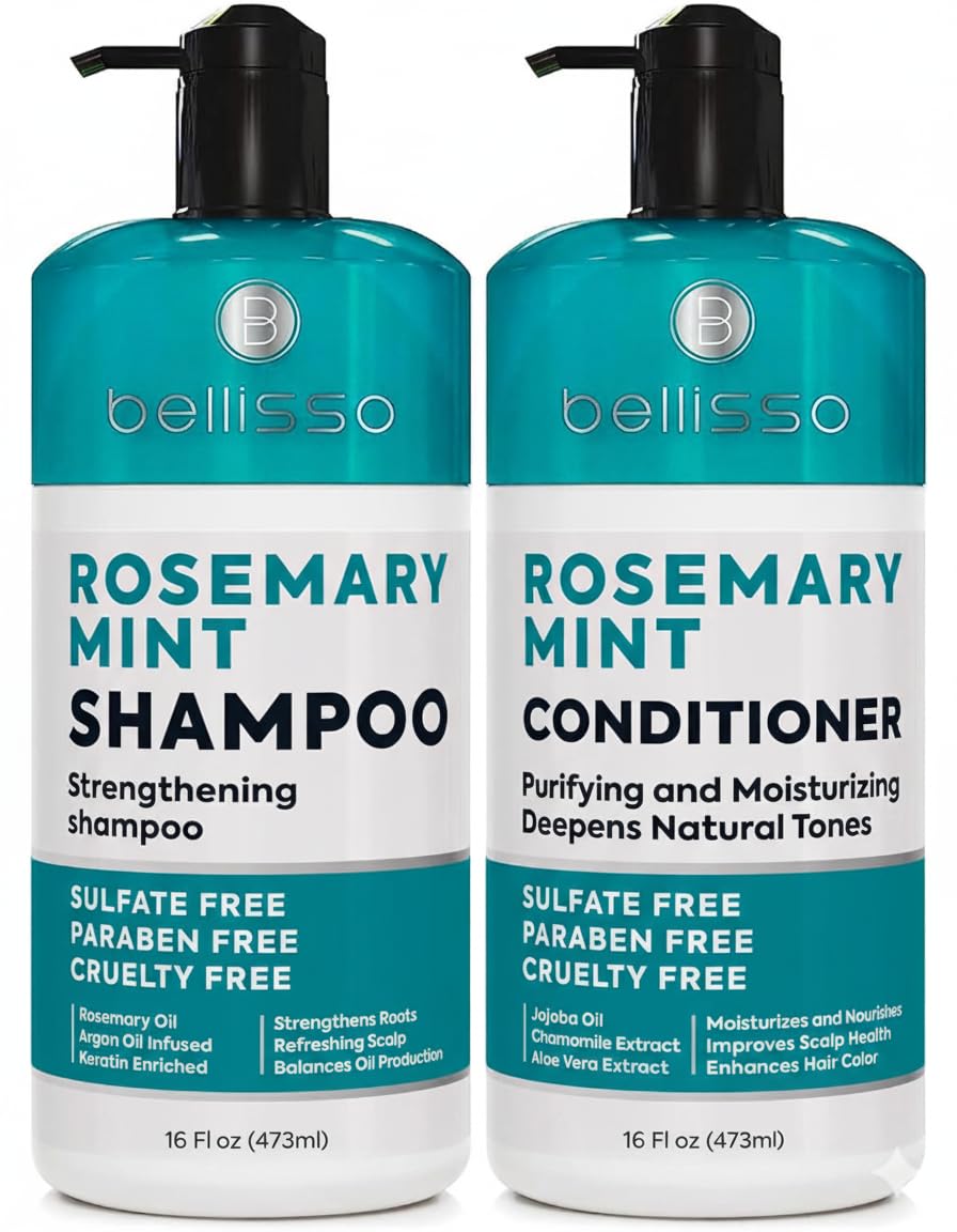BELLISSO Shampoing Romarin et Menthe — bouteille pour volumiser les cheveux.