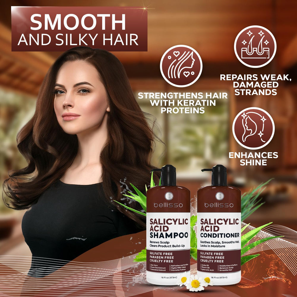 Bellisso bouteille shampoing salicylique visible dans la salle de bains