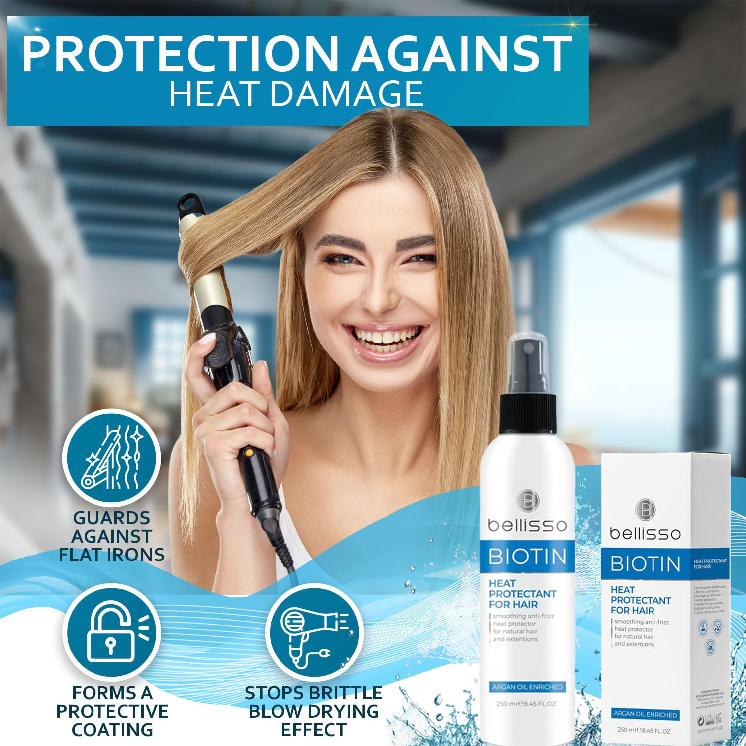 Bellisso Biotin Argan spray thermique pour boucles noires, lisse et anti-frisottis.