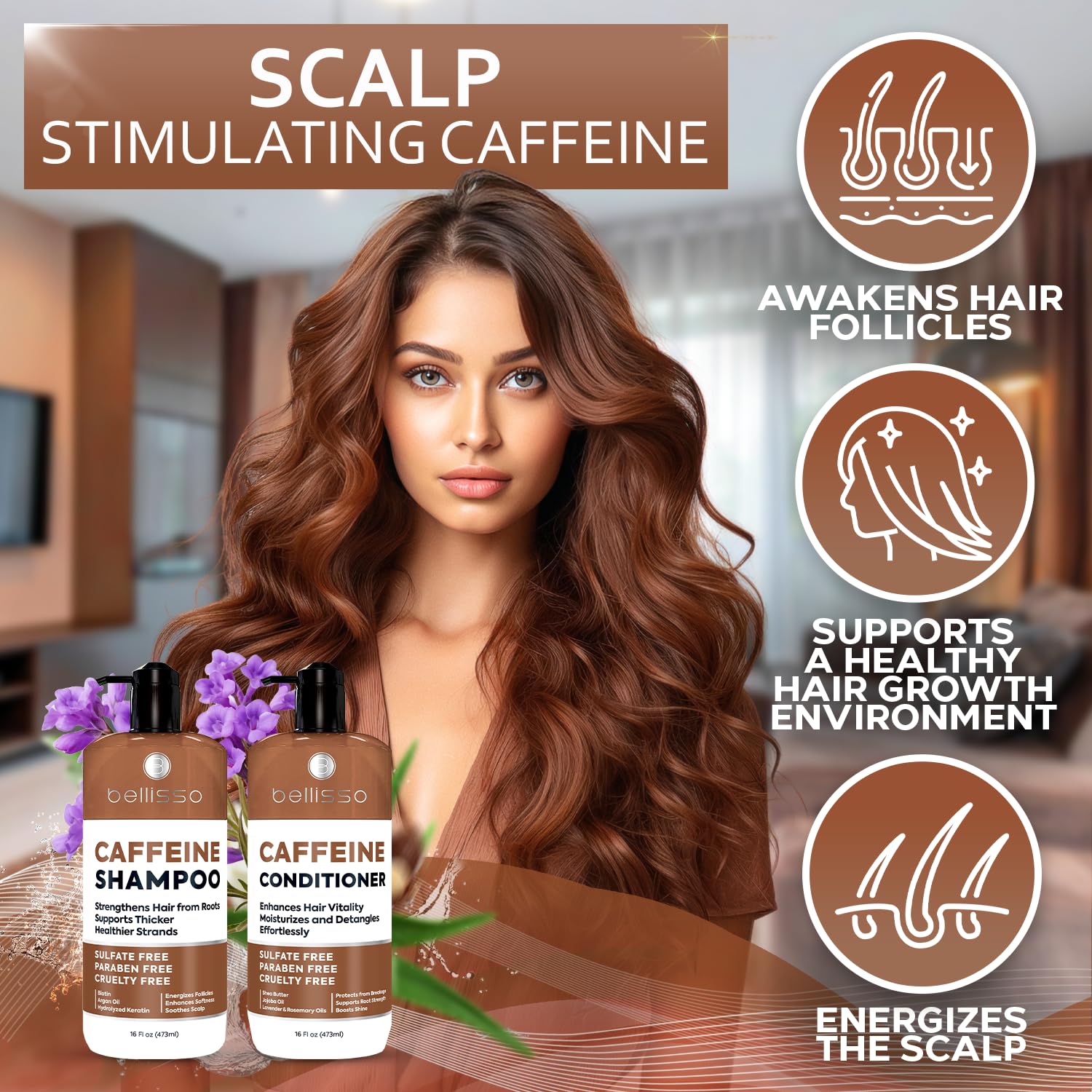 Bellisso caféine conditionneur bouteille — base saine pour cheveux.