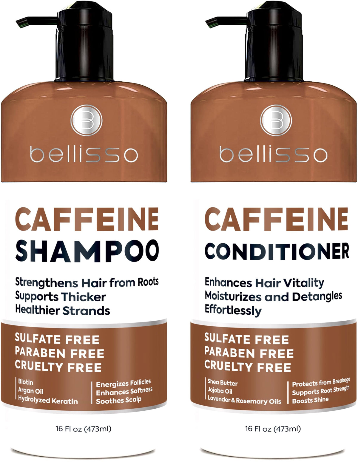 Bellisso caféine shampooing bouteille — volume léger et revitalisant.
