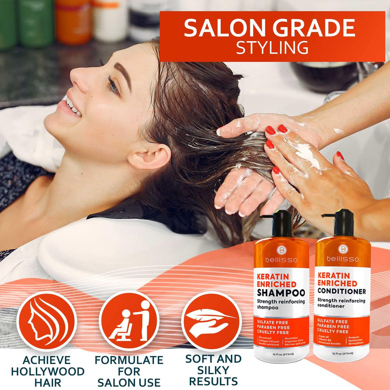 Bellisso Conditionnement kératine en flacon fortifie les cheveux et répare les pointes.