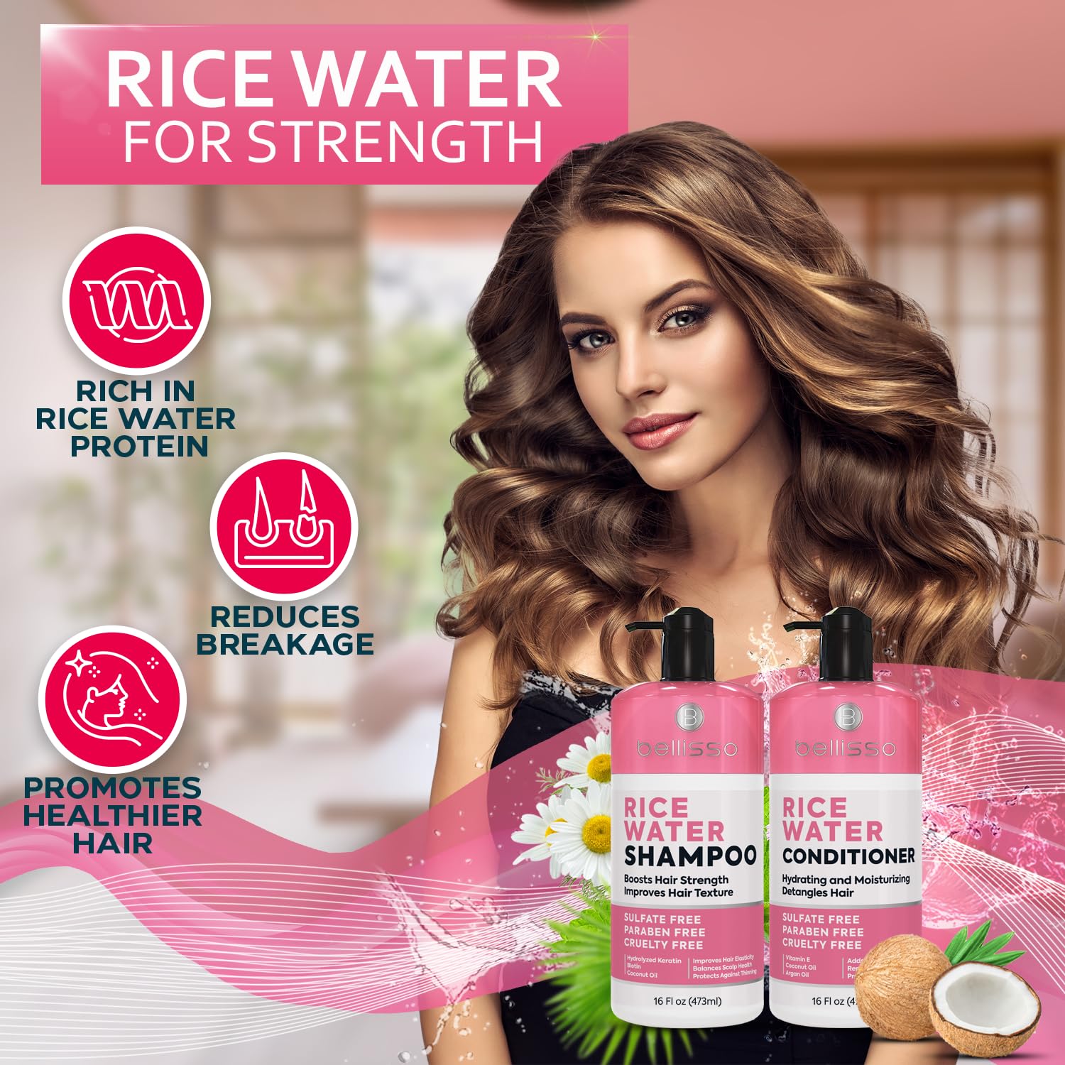 Bellisso Conditionneur eau de riz – bouteille facilite le démêlage.
