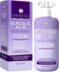 BELLISSO Glycolic Acid Body Wash – bouteille affichant le logo et exfoliation douce