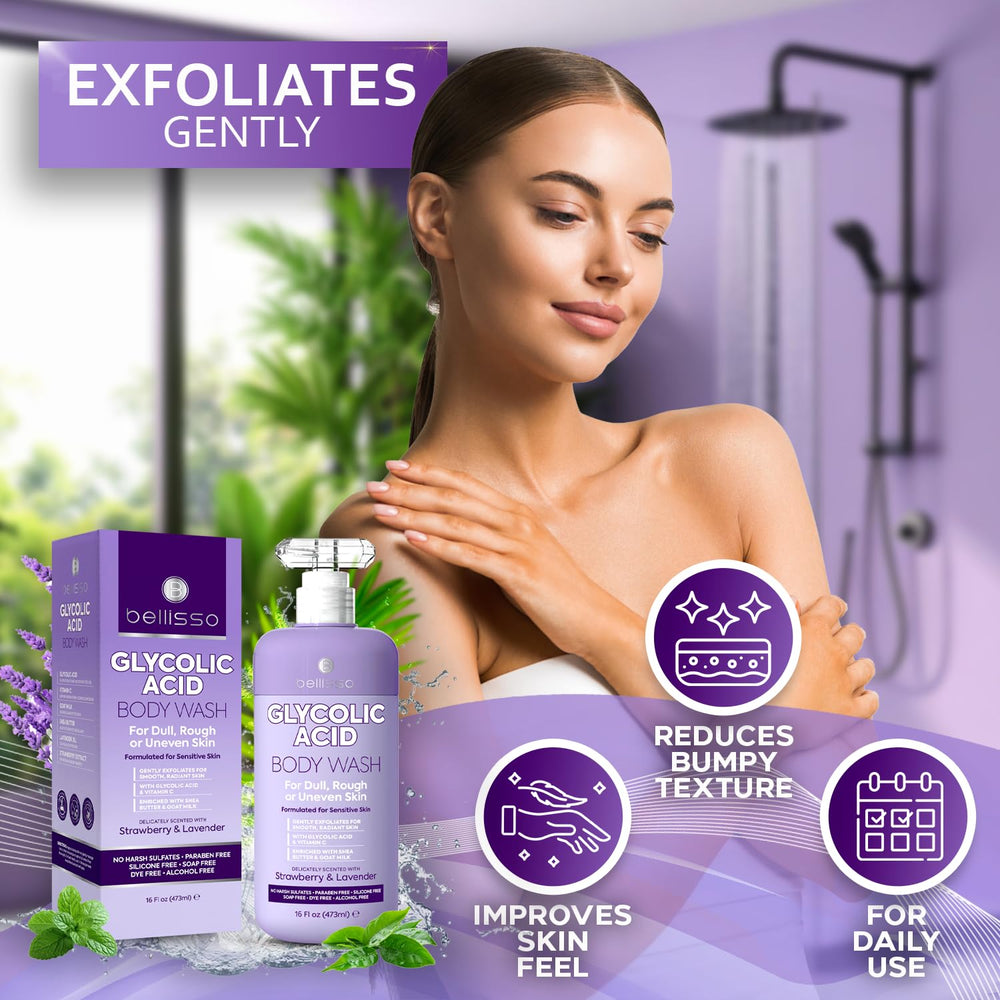 BELLISSO Glycolic Acid Body Wash – mousse exfoliante qui nettoie en douceur