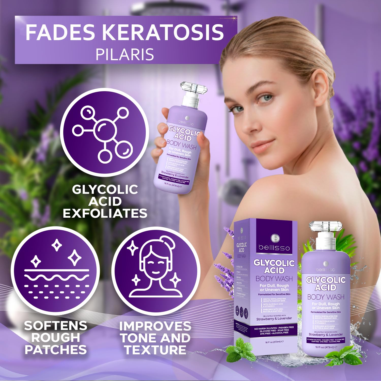 BELLISSO Glycolic Acid Body Wash – peau lisse et hydratée après la douche