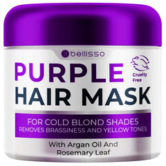 Masque violet Bellisso pour cheveux blonds, neutralise les reflets jaunes et apporte de la brillance.