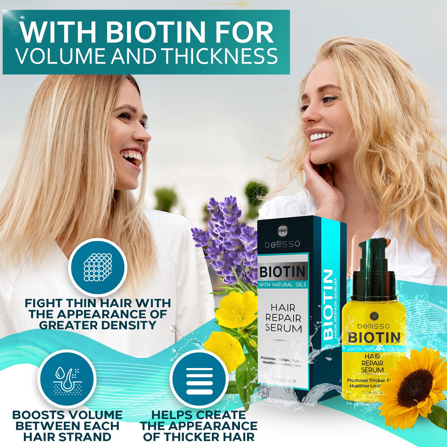 Sérum Bellisso biotine, brillance éclatante pour cheveux.