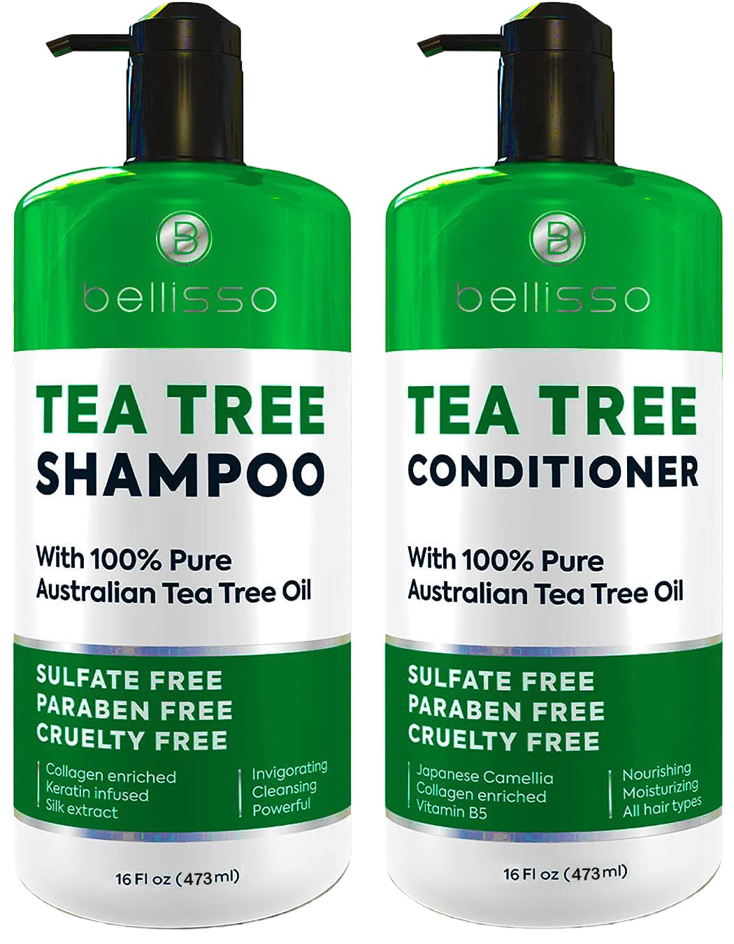 Bellisso Shampoing arbre-à-thé – bouteille élégante pour une utilisation quotidienne et rafraîchissante.