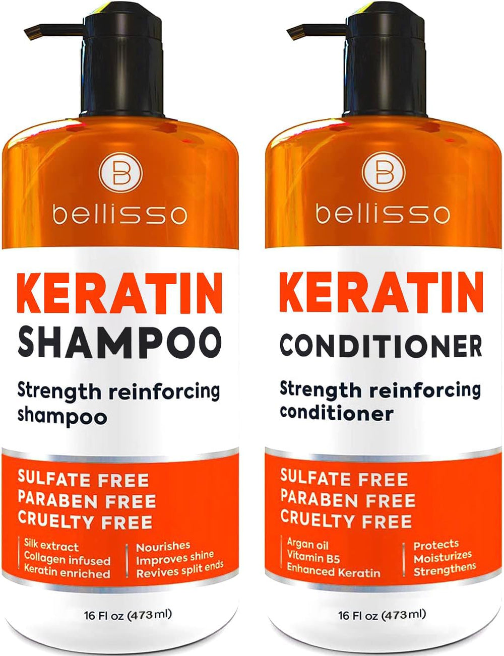 Bellisso Shampoing kératine en flacon offre plus de force et protection des mèches.