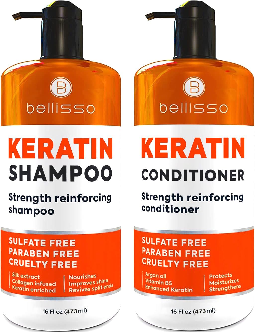 Bellisso Shampoing kératine en flacon offre plus de force et protection des mèches.