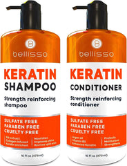 Bellisso Shampoing kératine en flacon offre plus de force et protection des mèches.
