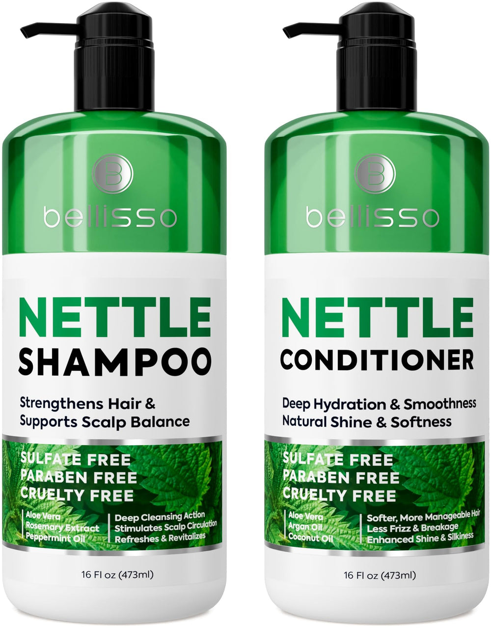 Bellisso Shampoing Ortie - bouteille: stimule le cuir chevelu et apporte du volume.
