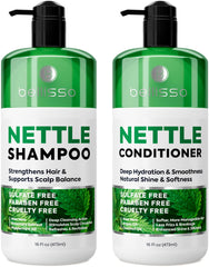 Bellisso Shampoing Ortie - bouteille: stimule le cuir chevelu et apporte du volume.