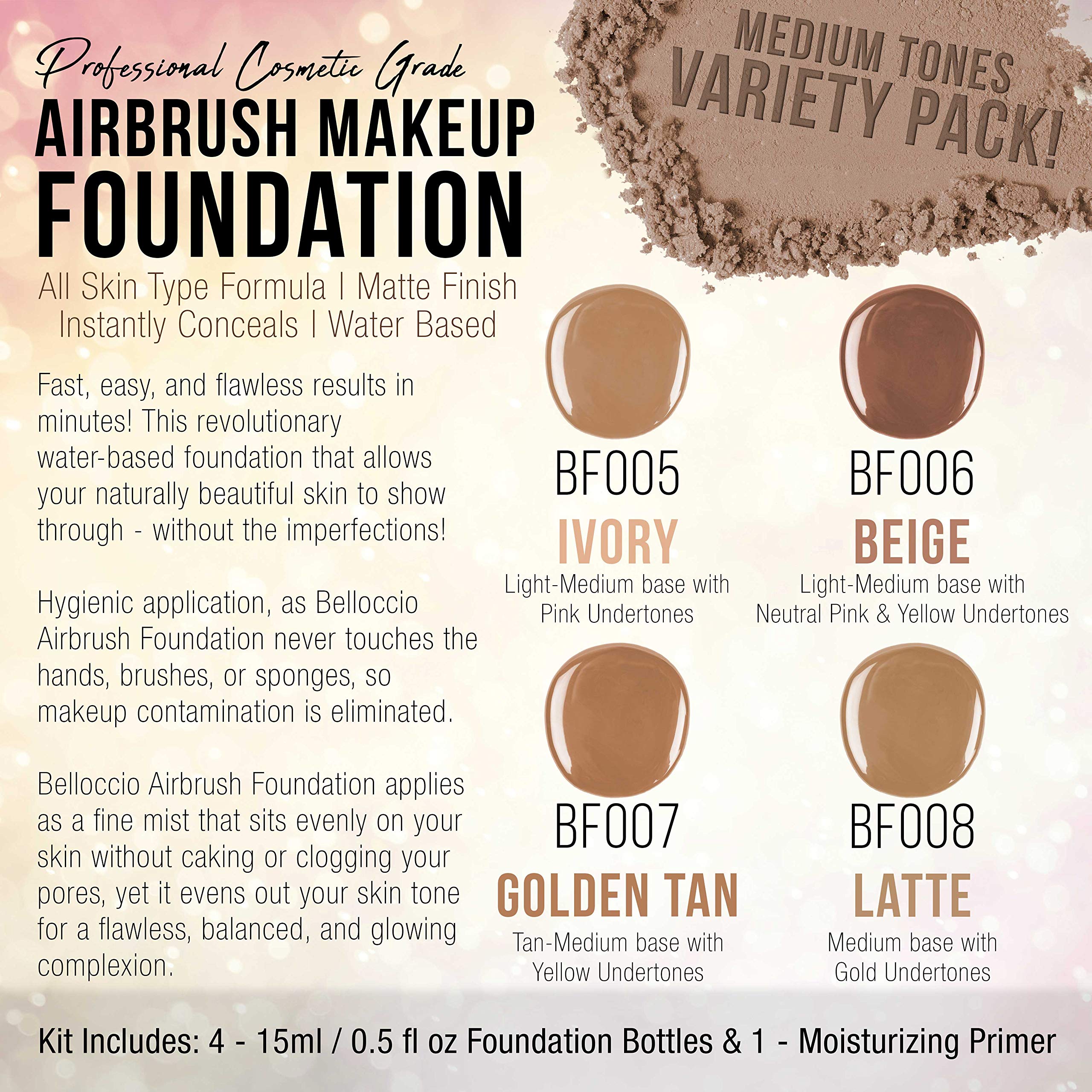 Belloccio fondation aerographe teinte jaune-peche: ajustement subtil pour peau moyenne.