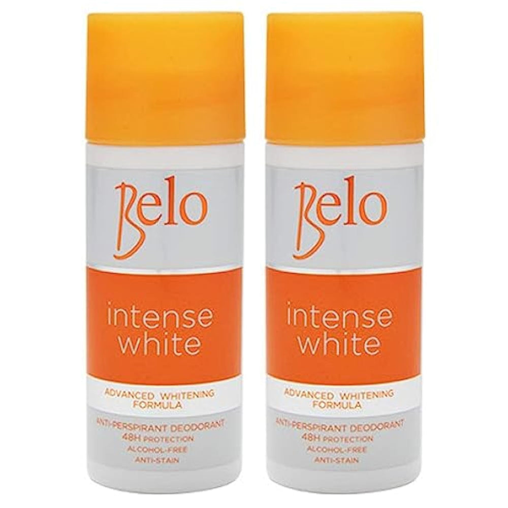 Belo Essentials Intense White deodorant bottle showing dual whitening action and long-lasting freshness