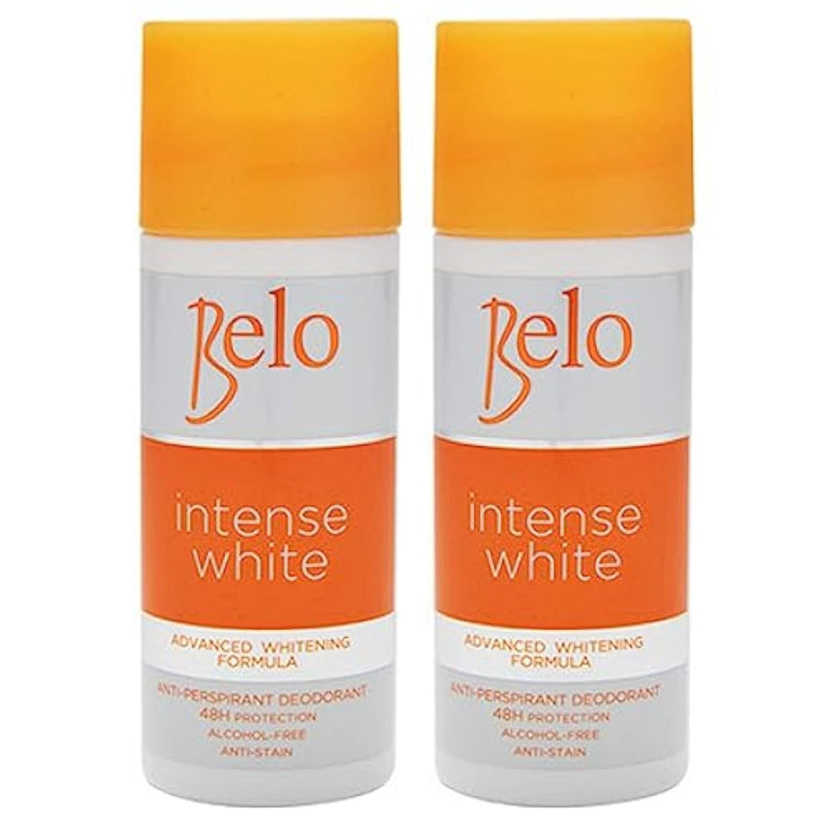 Belo Essentials Intense White deodorant bottle showing dual whitening action and long-lasting freshness