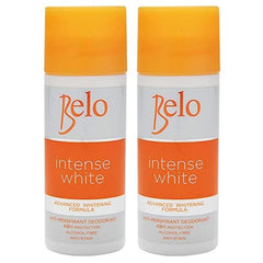 Belo Essentials Intense White deodorant bottle showing dual whitening action and long-lasting freshness