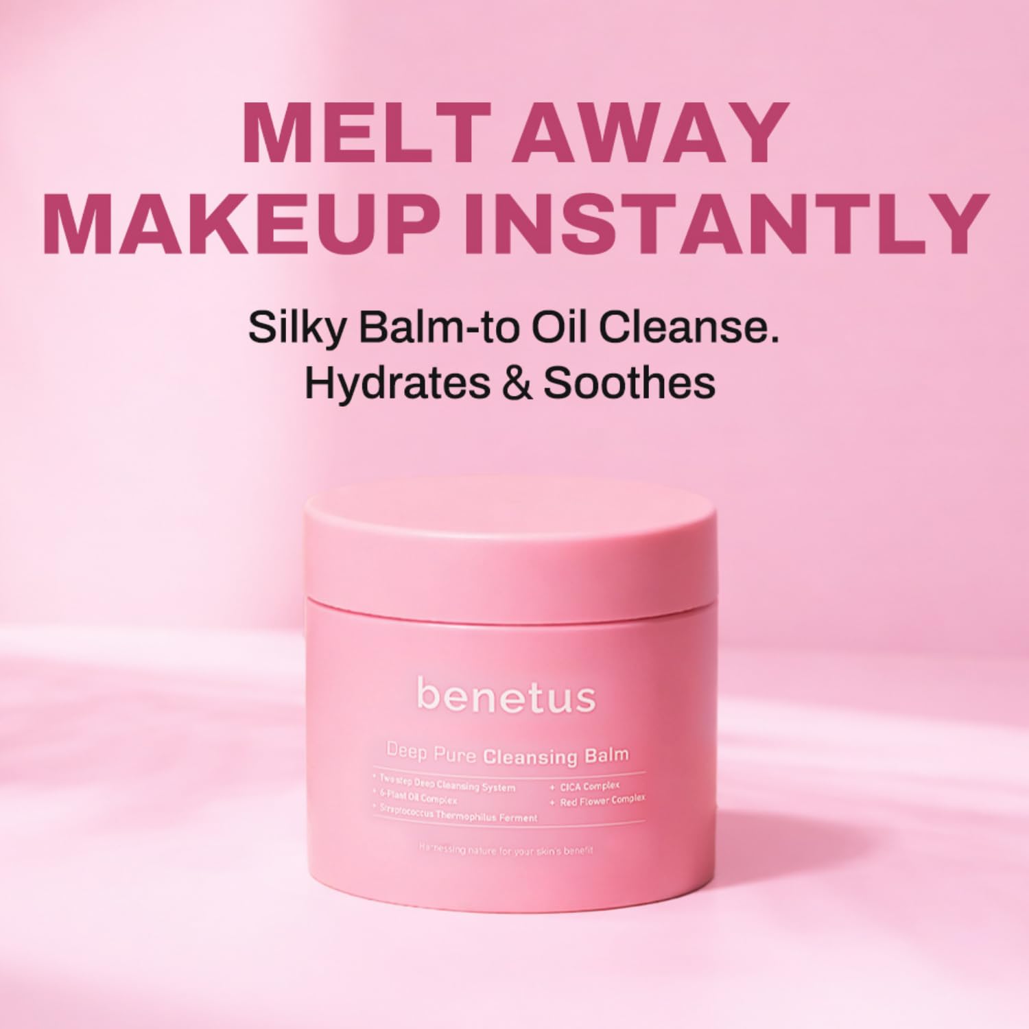 Benetus Deep Pure Cleansing Balm texture sorbet, action démaquillante sans tiraillement.
