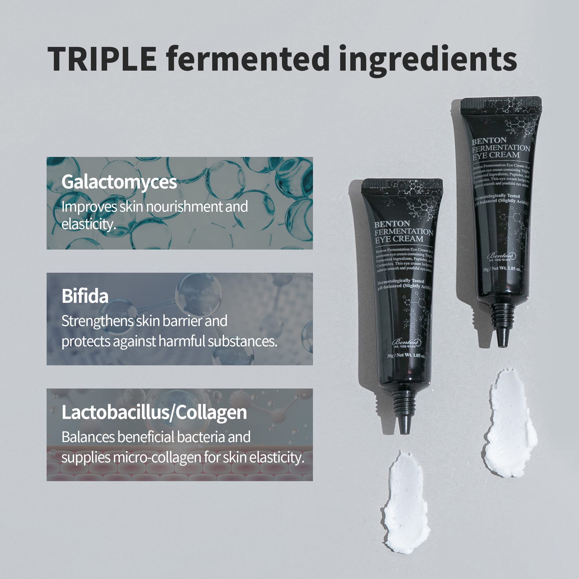 Benton Crème Yeux Ingrédients Fermentation, actifs nourrissants pour la peau autour des yeux.