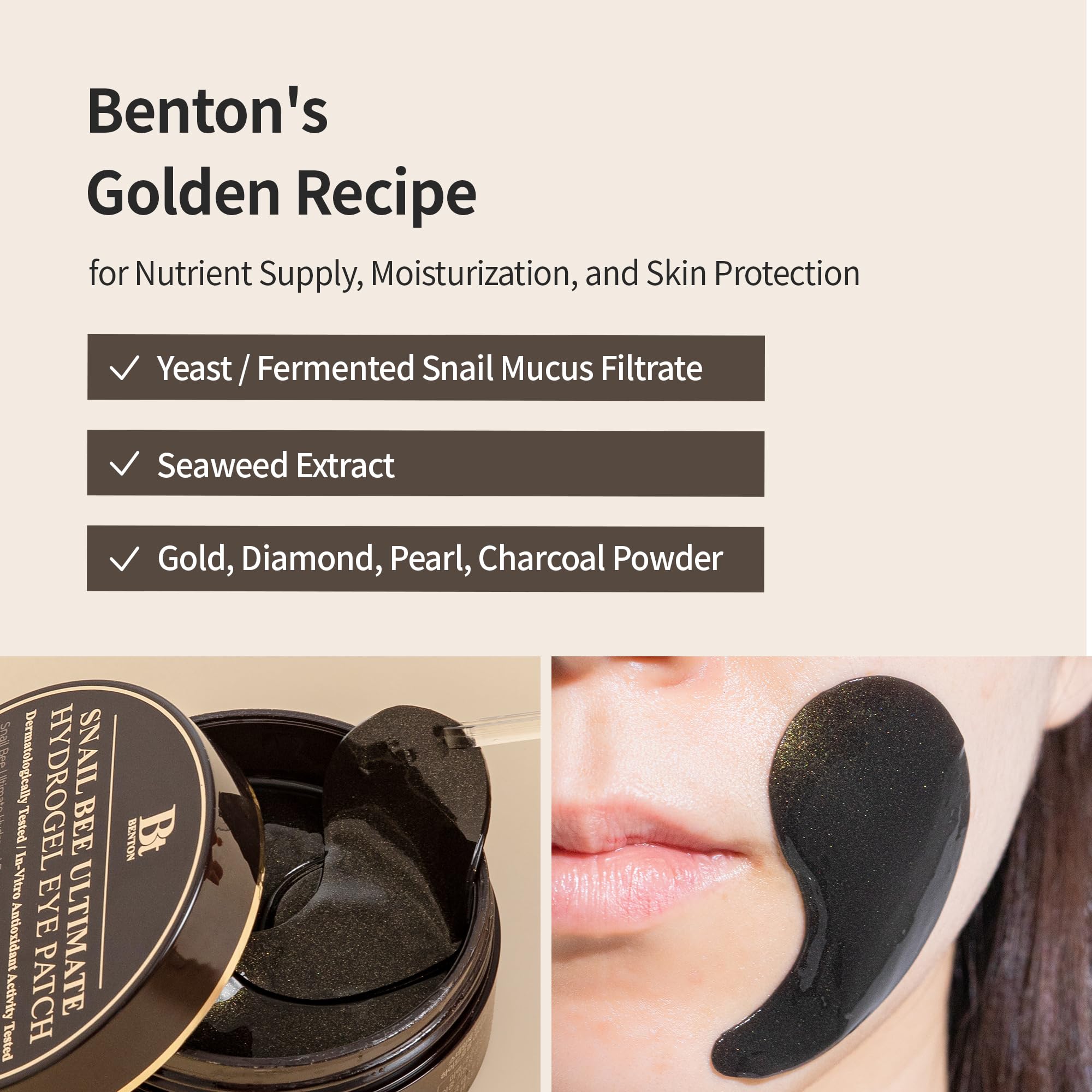 Pansement-yeux Benton Snail Bee Ultimate Hydrogel appliqué sur la peau, effet hydratant doux.