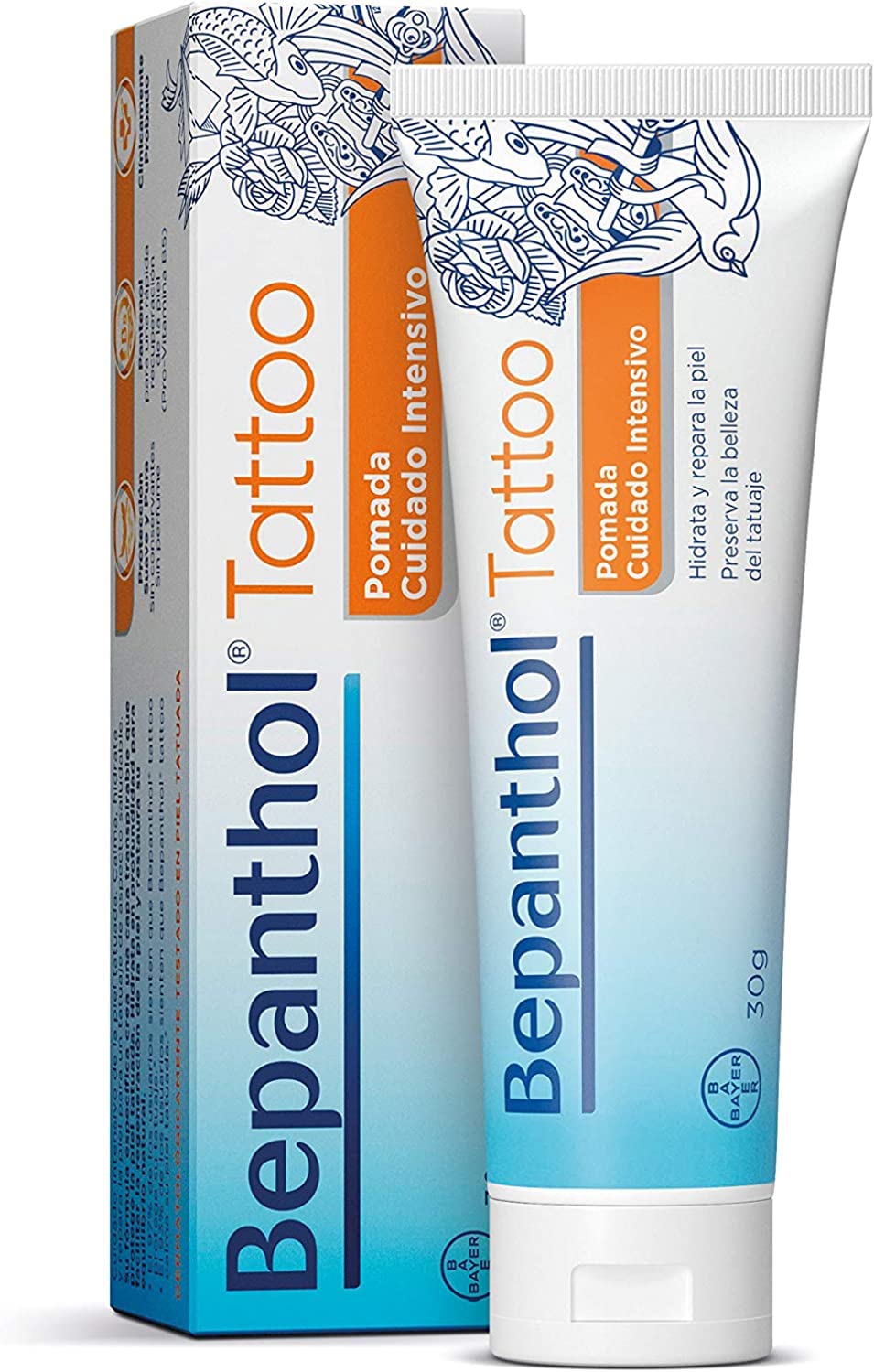 Crème Bepanthol pour tatouage dans sa bouteille, hydratation ciblée.