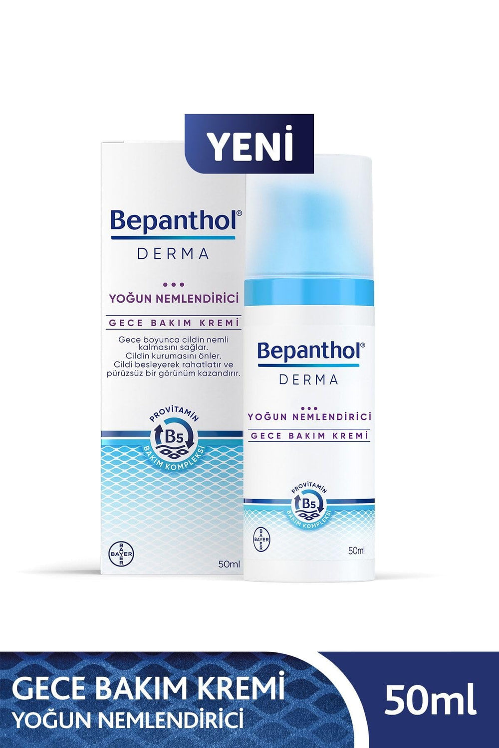 Glycérine et hydratation durable dans la Crème Nuit Bepanthol Derma.